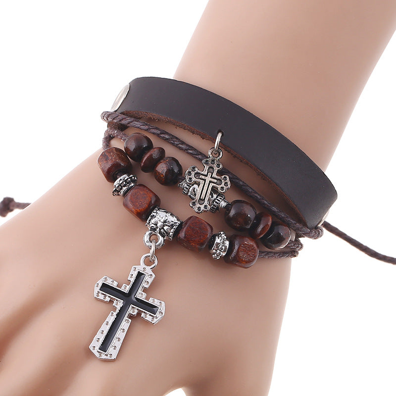 Geometric Beaded Leather Bracelet