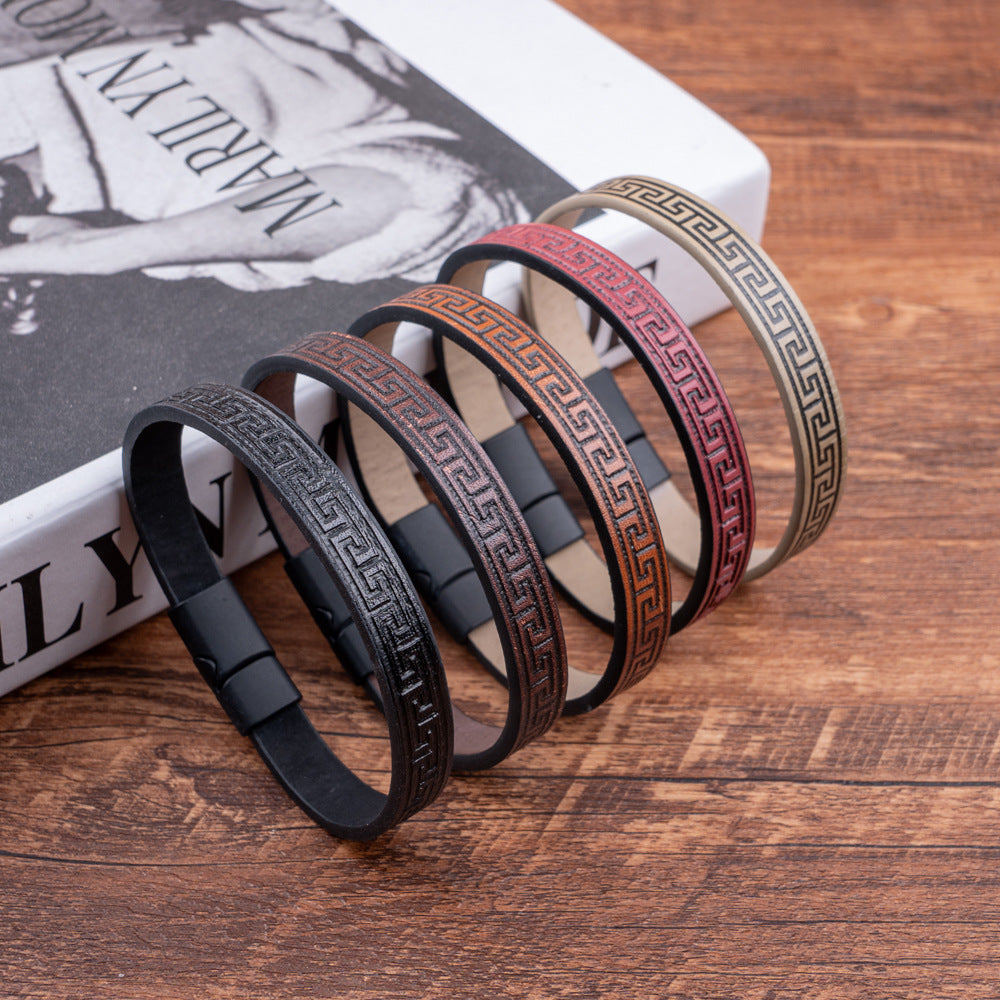 The Sparta Greek Key Leather Bracelet – Matte Magnetic Clasp