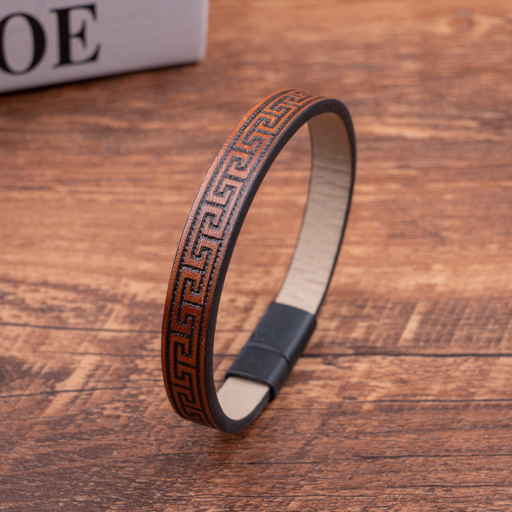 The Sparta Greek Key Leather Bracelet – Matte Magnetic Clasp