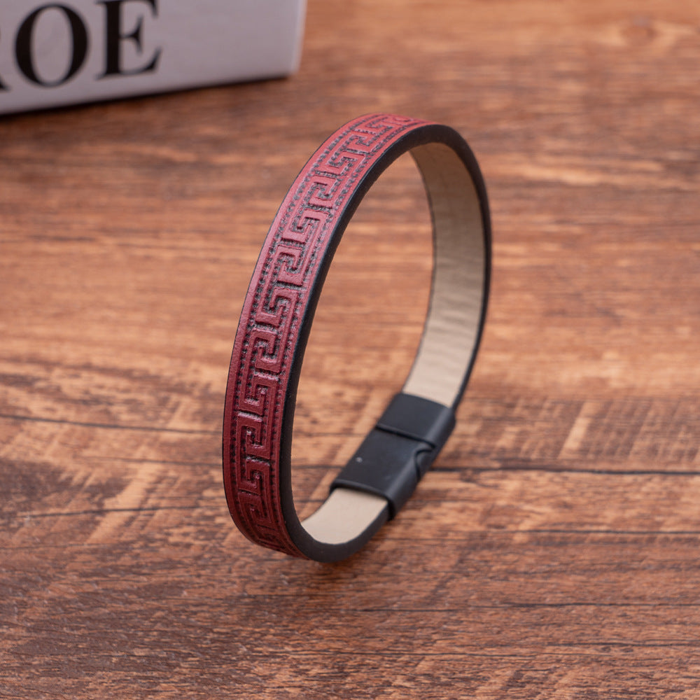 The Sparta Greek Key Leather Bracelet – Matte Magnetic Clasp