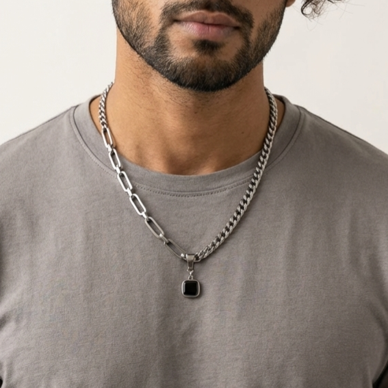 Men's geometric pendant necklace close up tarnish free