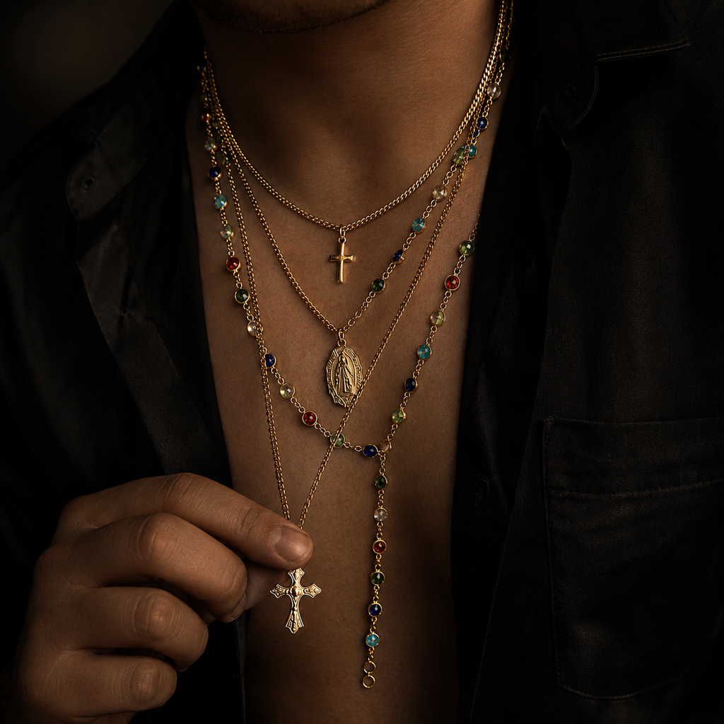 Layered Cross Rosary Necklace for Men
