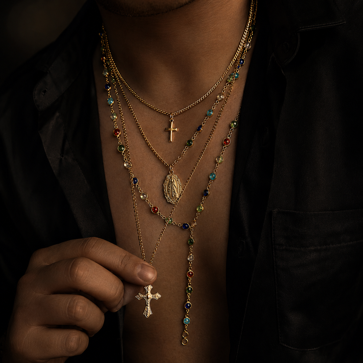 Layered Cross Rosary Necklace for Men