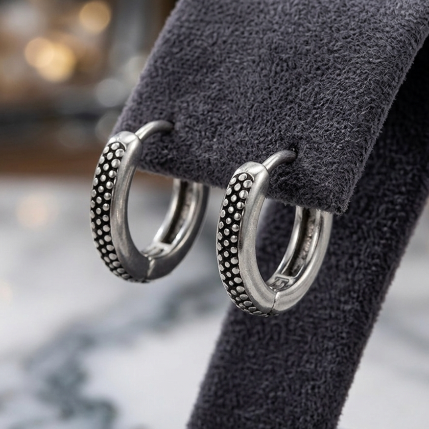 Beaded Edge Huggie Earrings for Men (Pair)
