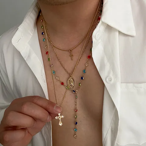 Layered Cross Rosary Necklace for Men