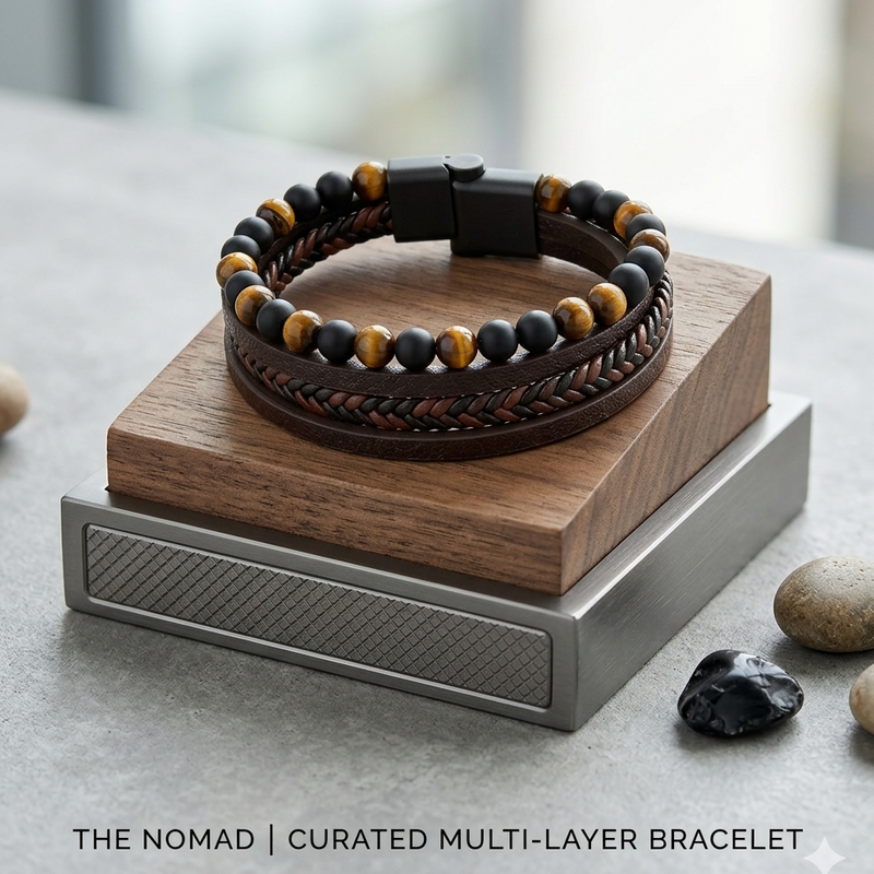 Multi-layer bracelet men contrasting textures front view