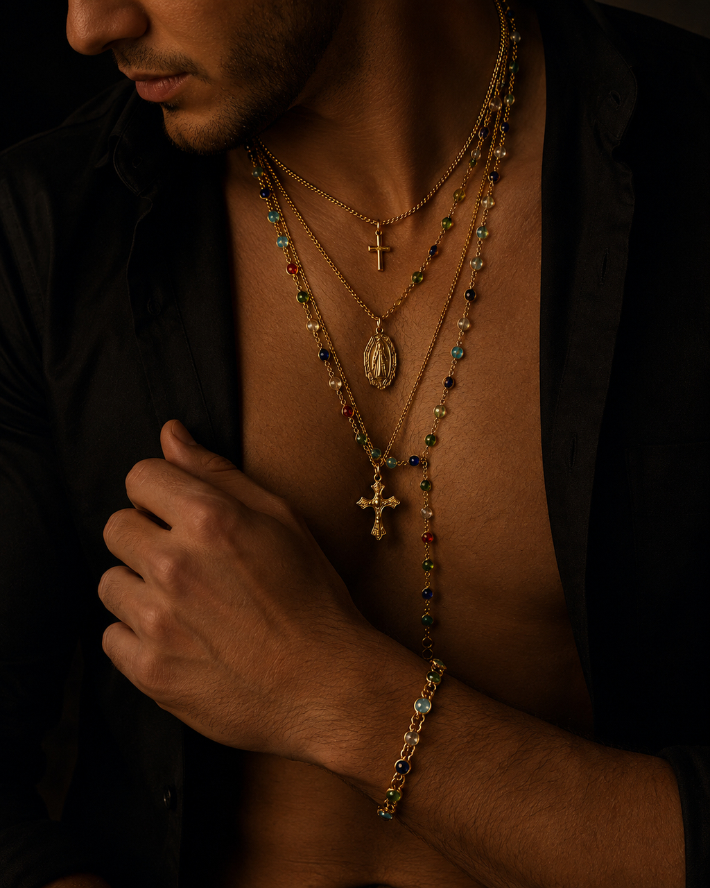 Layered Cross Rosary Necklace for Men