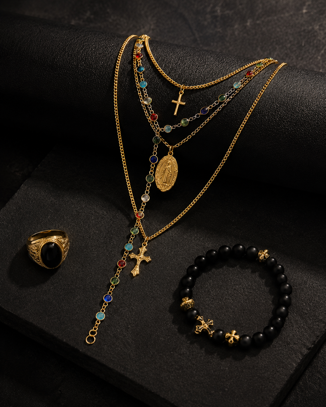 Layered Cross Rosary Necklace for Men