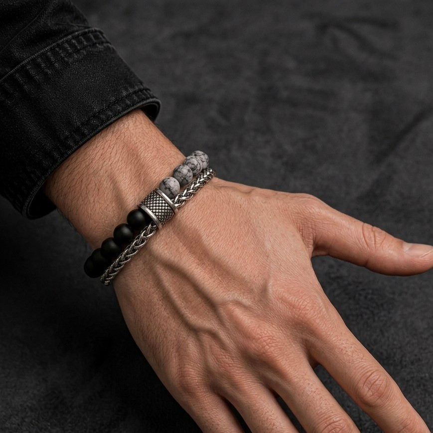 Tiger Eye and black onyx double strand stainless steel bracelet for men
