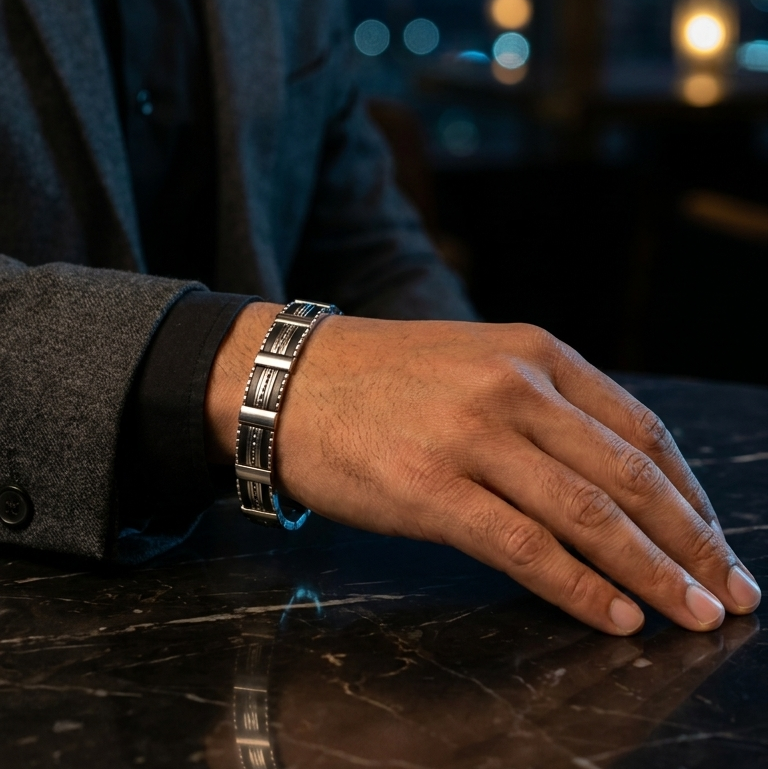 Industrial design stainless steel rubber bracelet close up