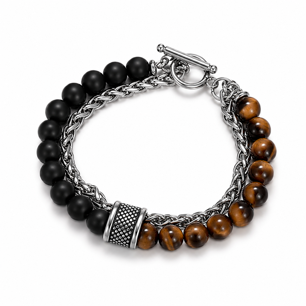 Man wearing tiger eye and onyx bead bracelet stack on wrist