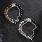 Tiger eye stone and onyx bead mens bracelet close up view