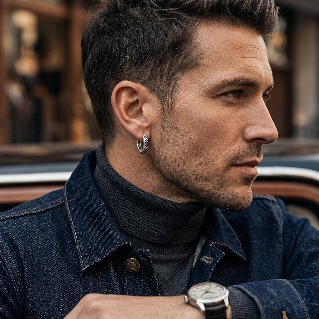Beaded Edge Huggie Earrings for Men (Pair)